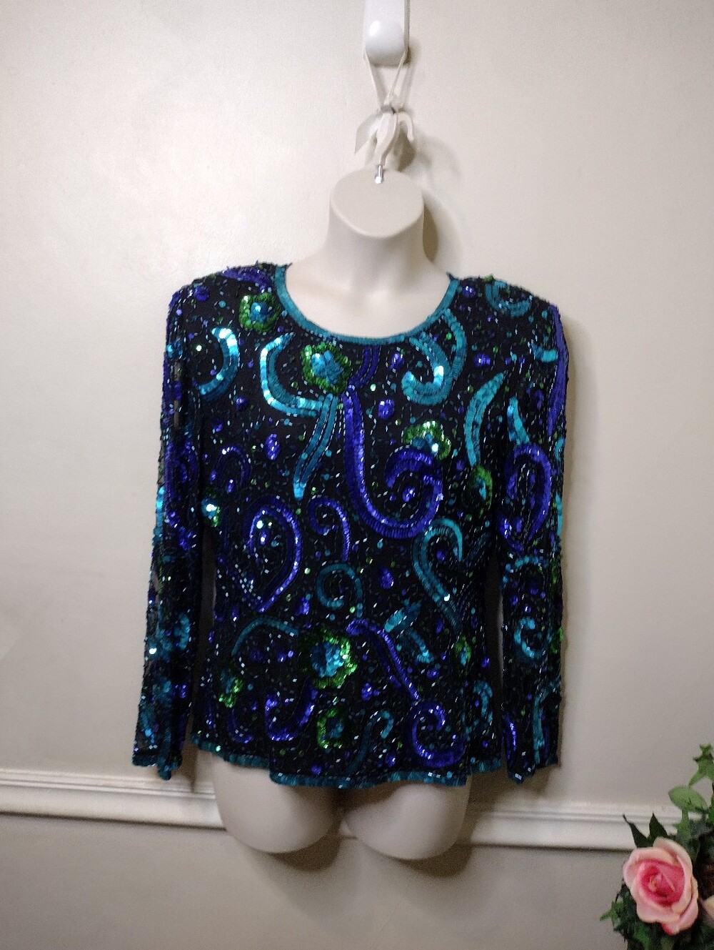 Vintage 1980's Stenay Dynasty Style Blue, Teal & Green Sequinned Silk Blouse